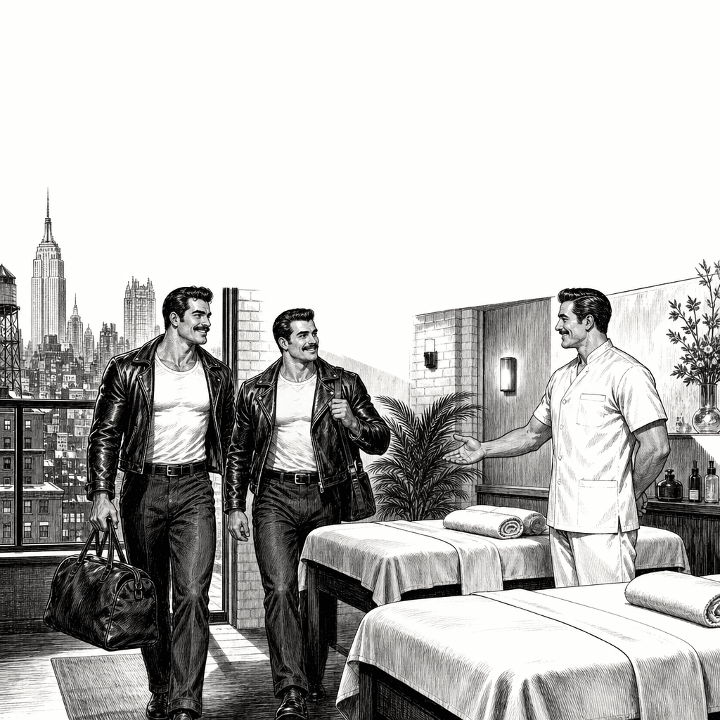 Two men arriving together for a couples massage appointment in Manhattan