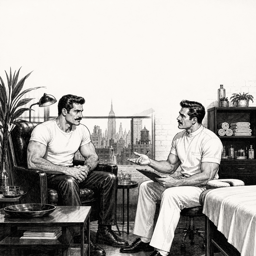 Private massage consultation for men in a Manhattan studio